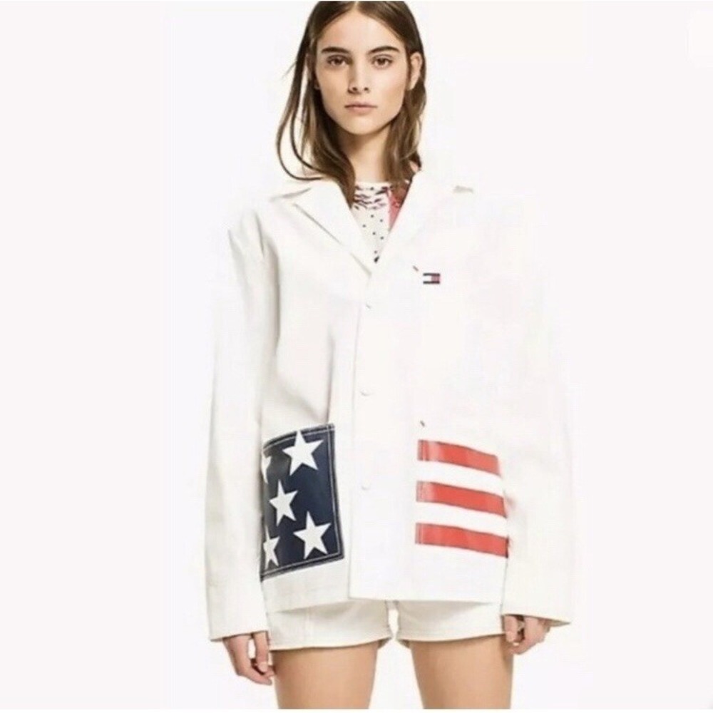 Tommy Hilfiger Women's Jacket Size 12 White American Flag Pockets Made In Italy